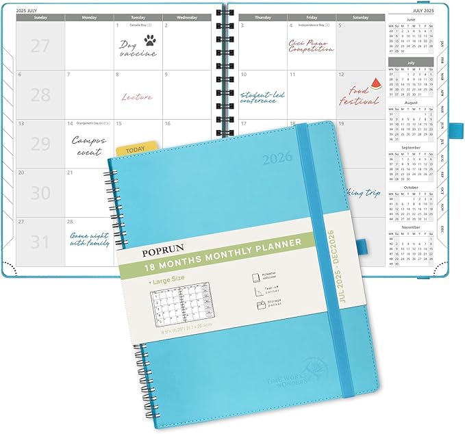 POPRUN Monthly Planner 2025-2026 Spiral Bound (8.5'' x 10.5'') 18 Months Calendar (Jul 2025 - Dec 2026) - 4 Pages per Month with Monthly Expense & Notes, Sunday Start, Leather Cover - Blue Green