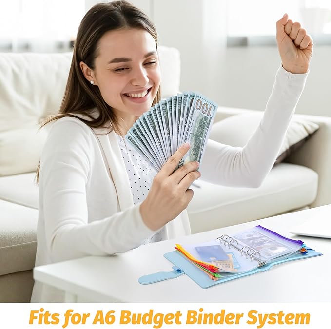 Antner 50PCS A6 Binder Pockets 6-Hole Budget Binder Inserts, 10 Assorted Color Zipper Pouch Folders Cash Stuffing Envelopes for Budgeting, Loose Leaf Filling Bags Money Organizer for A6 6-Ring Binders