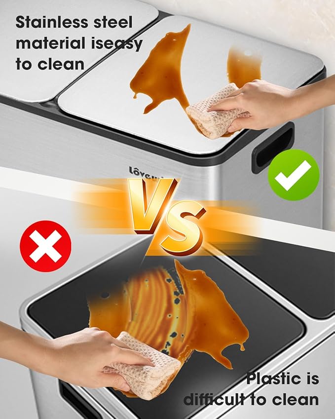 Lovewind Kitchen Trash Can, 2 x 8 Gallon (2 x 30 L) Stainless Steel Trash and Recycle Bin Combo with Soft-Close Lid, Dual Compartment Recycling Kitchen Step Trash Bin, Silver