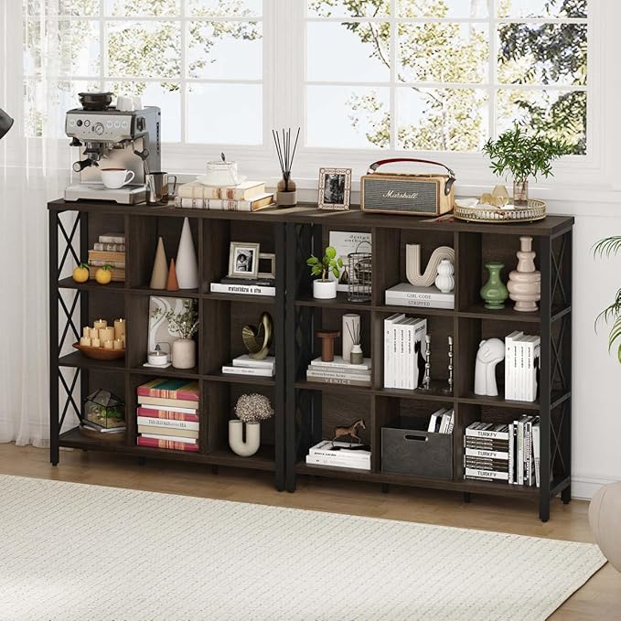 FATORRI 9 Cube Storage Bookshelf, Modern 4 Shelf Book Shelf, Wood and Metal Cubby Bookcase for Home Office (39.38 Inch W, Walnut Brown)