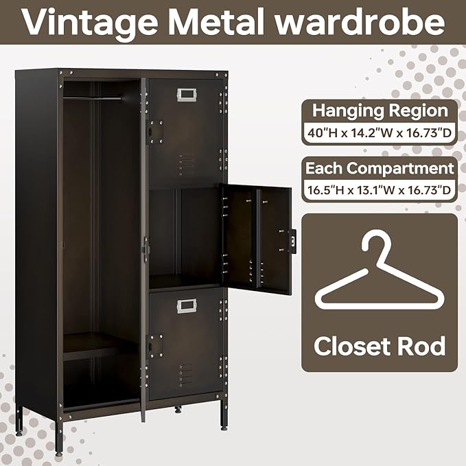 MIIIKO Steel Wardrobe Cabinet Locker, Rustic Metal Storage Cabinet with Shelf, Lockable Doors and Hanging Rod, Industrial Locker for Living Room, Bedroom, Home Office and Club