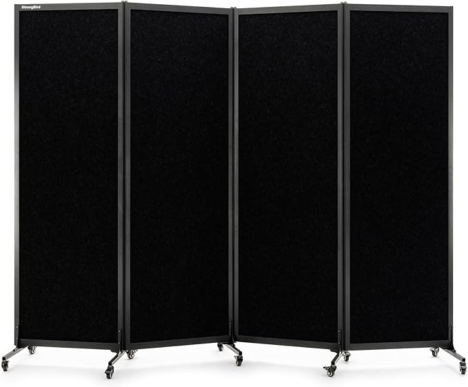 Upgrade Version Room Partition and Divider, Freestanding Rolling Dividers with Wheels,Office Privacy Screen Divider Wall,Classroom Felt Dividers,8'2"L* 6'7"H,4 Panel，Black