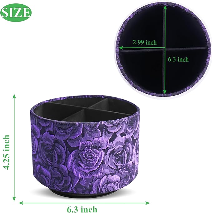 QIELIZI Round Leather Art Supply Organizer,Remote Control Holder,360 Degree Rotating,Multi-Functional Pencil Holder,4 Compartments Desktop Stationary Organizer(1-3D Rose Purple)
