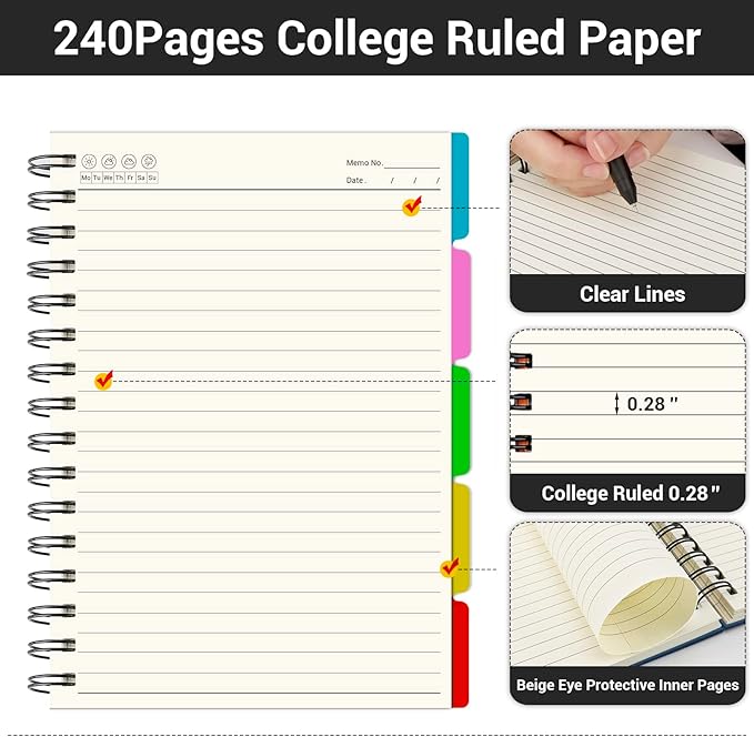 EUSOAR 5 Subject Notebook with Tabs, 1pcs B5 7.3"x10.2" Spiral College Ruled, 100GSM 120Sheets/ 240Pages of Lined Paper, Thick Hardcover, for Journal Students, Office and Business, Royal Blue