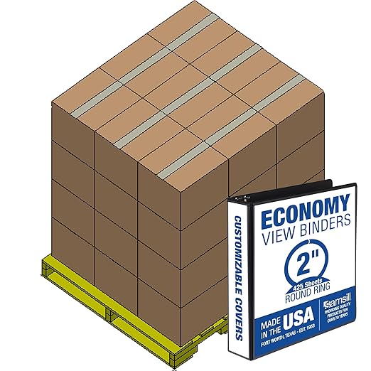 Samsill Economy 2 Inch 3 Ring Binder Bulk Pallet, Made in The USA, Round Ring Binder, Customizable Clear View Cover, Black, Pallet of 432 Binders in 36 Cartons