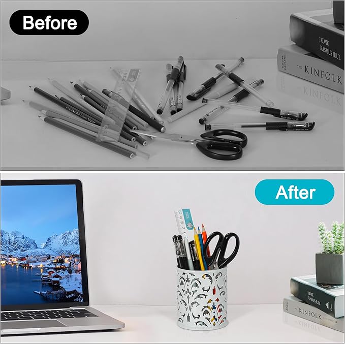 EasyPAG Metal Round Pencil Holder 2 Pack Pen Cup Holders Organizer for Desk, White