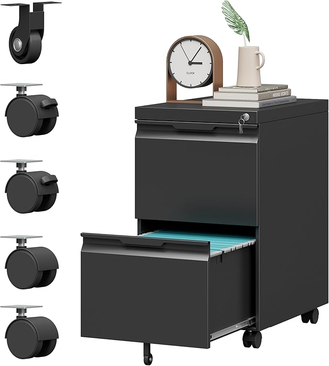 2 Drawer Mobile File Cabinet with Lock,Under Desk Metal Filing Cabinets with Wheels for Home Office Organizer Letters/Legal/A4(Easy Assemble-Black)