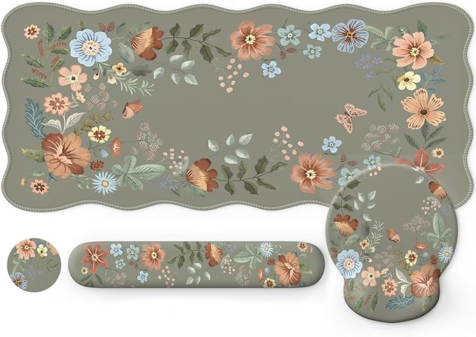 Desk Pad Mat Green, Wrist Rest Support for Mouse Pad&Keyboard Set, Scalloped Vanity mat Protector for Makeup, Cute Floral Nail Mat, Aesthetic Desk Protector for Women's Office Home, Dorm