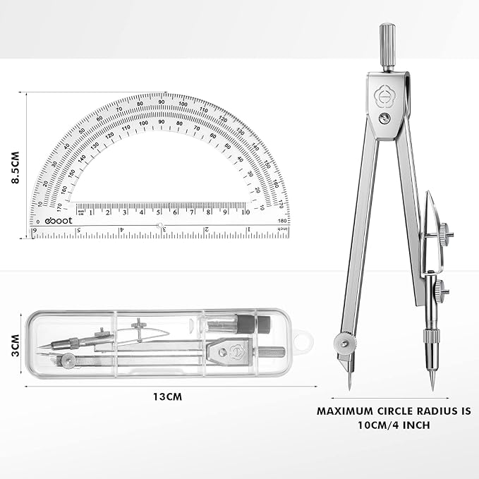 Zonon 2 Set Protractor and Compass Set, Student Geometry Math Set Drawing Compass and 6 Inch Clear Swing Arm Protractors 180 Degree Math Protractor