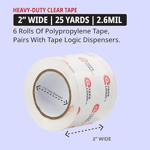 Tape Logic Heavy Duty 2in x 25yd Clear Packaging Tape Dispenser Refills (6-Pack), Strong Clear Packing Tape Roll Ideal for Shipping & Moving Boxes