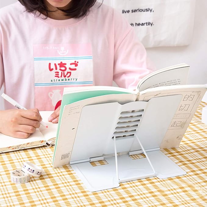 MSDADA Desk Book Stand Metal Reading Rest Book Holder Adjustable Cookbook Documents Holder Bookstands for Recipes Textbooks Music Books Birthday Gift for age 3,4,5,6,7,8,9,10+ Boys Girls (White)