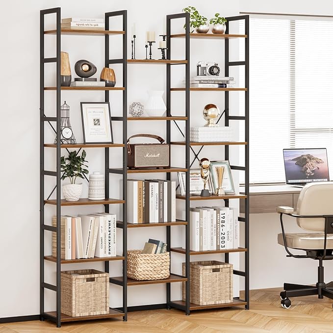 NUMENN Triple Column 6 Tier Bookshelf, Bookcase with 17 Open Display Shelves, Adjustable Rustic Industrial Style Book Shelves, Modern Bookshelves for Bedroom, Living Room and Home Office, Vintage