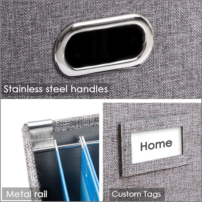 PRANDOM File Organizer Box - Set of 2 Collapsible Decorative Linen Filing Storage Hanging File Folders with Lids Office Cabinet Letter/Legal Size Grey (17x14x11.2 inch)