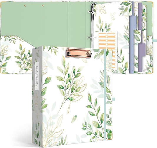 Ospelelf Binder 3 Ring 2 Inch, Green Floral Round Ring Clipboard Binder with 5 Tab Dividers for Letter Size Documents, for School and Office Supplies, Greenleaf
