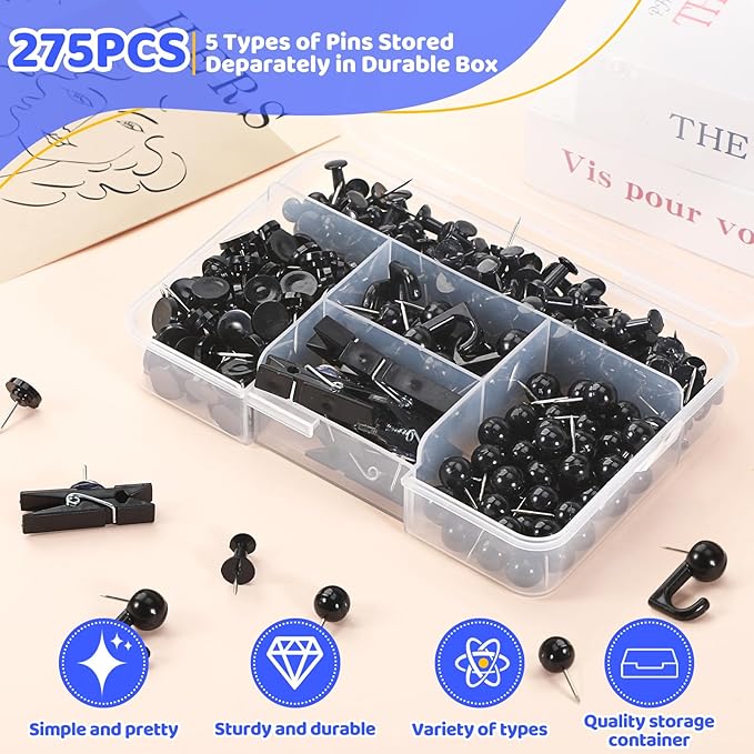 275pcs Black Push Pins,5 Styles TACS, Black Thumb Tacks, Plastic Head Push Pins for Cork Board, Bulletin Boards, Wall, Maps, Cork Board Accessories