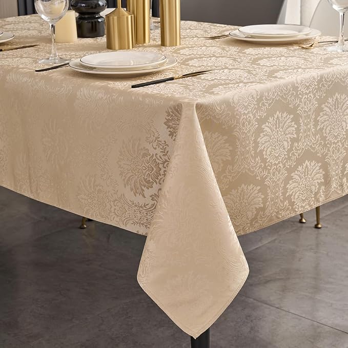 Romanvicky Christmas Jacquard Tablecloth Gold Flowerl Pattern Rectangle Table Cloth Spill Proof Wrinkle Resistant Polyester Table Cover for Dining, Kitchen, Thanksgiving Decoration, 60 x 84 Inch