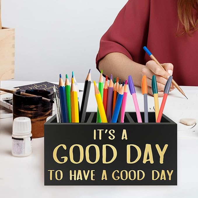 Inspirational Office Pen Pencil Holder Organizer for Desk, It's a Good Day to Have a Good Day Positive Wooden Box Signs Decorations for Home Office Desk Tabletop, Motivational Gifts for Women
