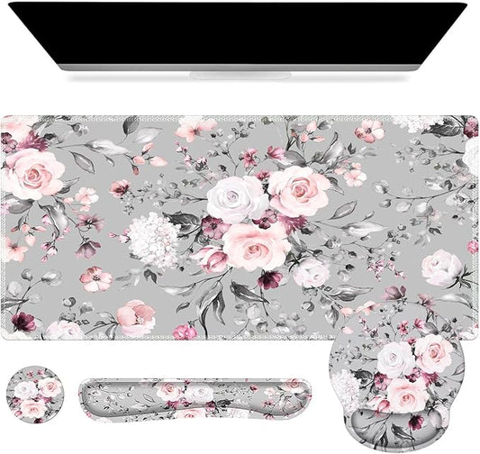 iCasso Large Mouse Pad Wrist Support Set, 4in1 XXL Big Mousepad + Keyboard Wrist Rest + Mouse Wrist Rest + Coaster Set with Ergonomic Design Gaming Mat for Home Office Table Computer - Pink Floral