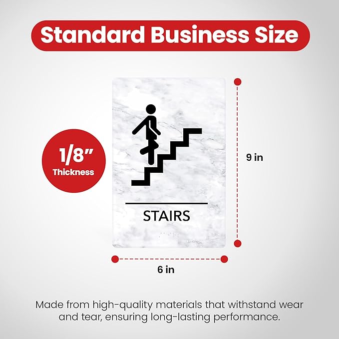 Promot Stair Sign – ADA Braille Stairway Sign for Business, Self-Adhesive, 9" x 6", Commercial Door Signage, Office Wall Decor - Marble White