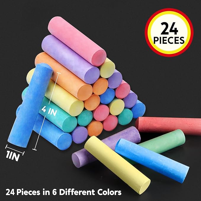 24 PCS Washable Sidewalk Chalks Set Non-Toxic Jumbo Chalk for Schools, Outdoor Art Play, Paint on Chalkboard, Blackboard and Playground (6 Colors))