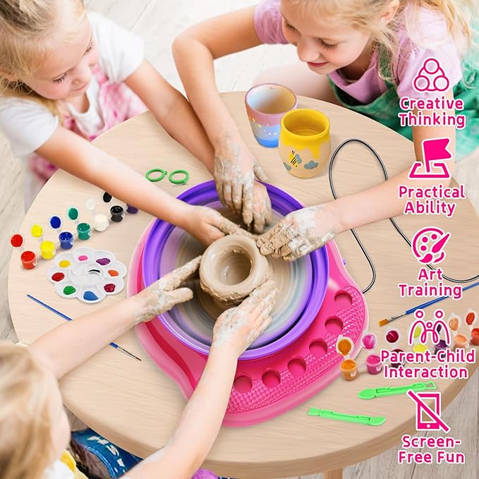 Vinkp Pottery Wheel for Kids - Complete Pottery Painting Kit Arts and Crafts for Kids Ages 8-12 with Air Clay Art Supplies for Girls Boys Toys Birthday Christmas Gifts for 6 7 8 9 10 11 12 - Pink
