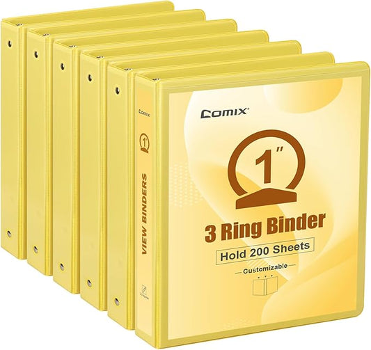 COMIX Standard 3 Ring Binder 1 inch with Clear View Cover, 1" Round Ring View Binder Holds 200 Sheets of US Letter Size Paper, 6 Pack (Lemon Yellow)