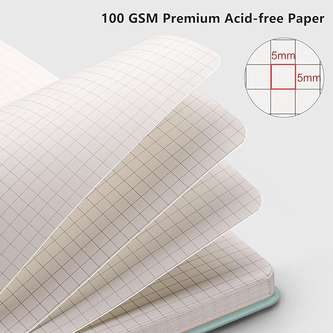 RETTACY Graph Grid Paper Notebook, 192 Pages, A5 Medium Size (5.7'' x 8.3''), 5 Squares per Inch, Leather Hardcover, 100 GSM Thick Paper, for School, Students, Math, Engineering (Blue-gray)