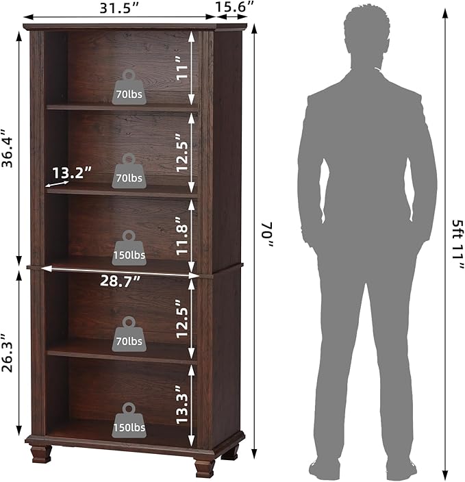 70" Tall Walnut Bookshelf,5 Tier Wooden Book Shelf with Adjustable Shelves & Wood Legs,Free Standing Farmhouse Bookcase with Open Display Storage,Vintage Bookshelves for Classroom, Office