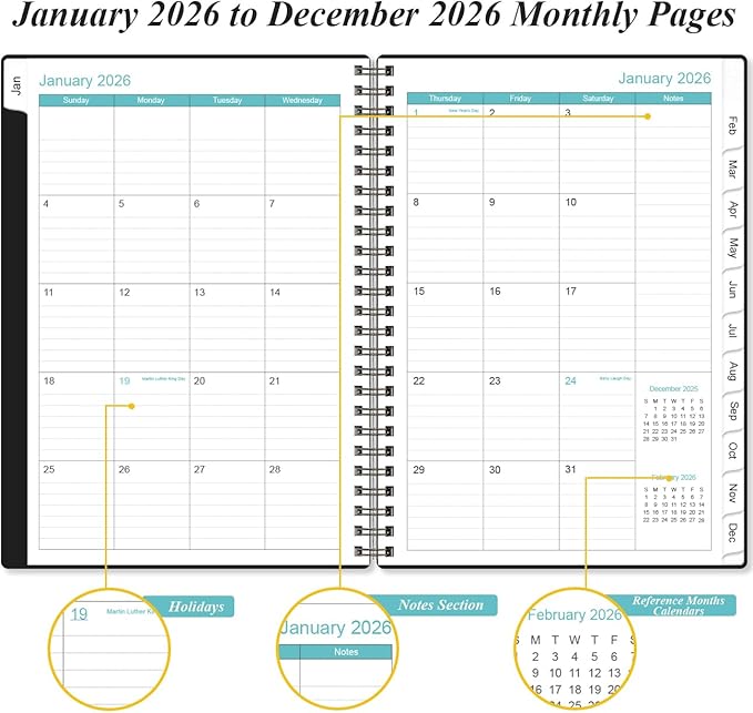 Planner 2026 - A5 Weekly & Monthly Planner Spiral Bound, January 2026 - December 2026, with Flexible Cover, Tabs, Inner Pocket, 6.4" x 8.5", Black