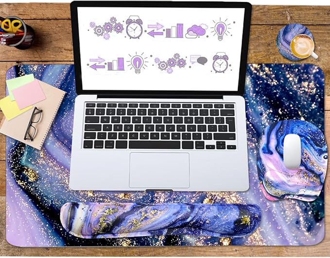 Keyboard Wrist Rest Large Mouse Pad Wrist Support for Computer, 4 in 1 Memory Foam Keyboard Pad Desk Mat Ergonomic Hand Rest Wrist Cushion for Home Office Gaming-Purple Marble