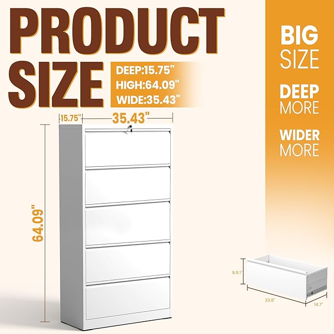 5-Drawer Lateral File Cabinet with Lock, Black Metal Filing Cabinet for Office or Home – Secure Storage for Letter/Legal/A4/F4 Documents, Easy to Assemble Locking File Organizer (White, 5 Drawer-64"H)