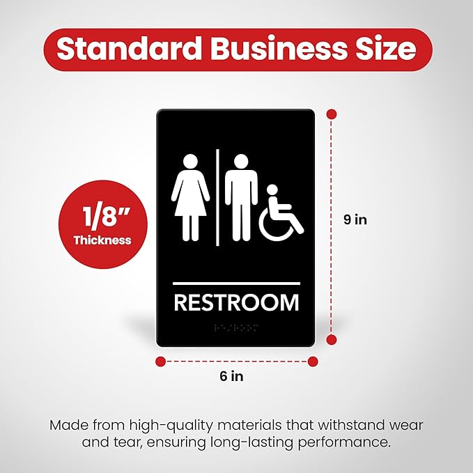 Promot Unisex Handicap Bathroom Sign – ADA Braille Restroom Sign for Business, Self-Adhesive, 9" x 6", Commercial Door Signage, Office Wall Decor - Black