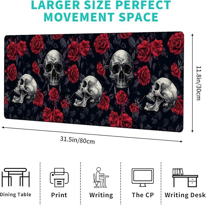 Gothic Skull Rose Gaming Mouse Pad,12x31.5in Non-Slip Rubber Romantic Elegant Desk Mat,Large Extended Goth Mousepad for Office Home Laptop,Mice Pads Gifts,Game Lover Deskmat Decor