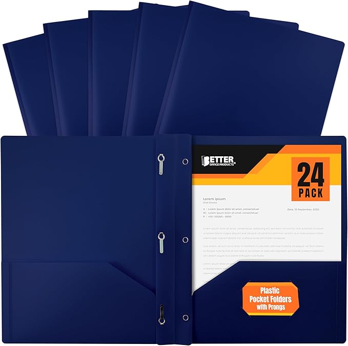 Better Office Products Blue Plastic 2 Pocket Folders with Prongs, Heavyweight, Letter Size Poly Folders, 24 Pack, with 3 Metal Prongs Fastener Clips, Blue