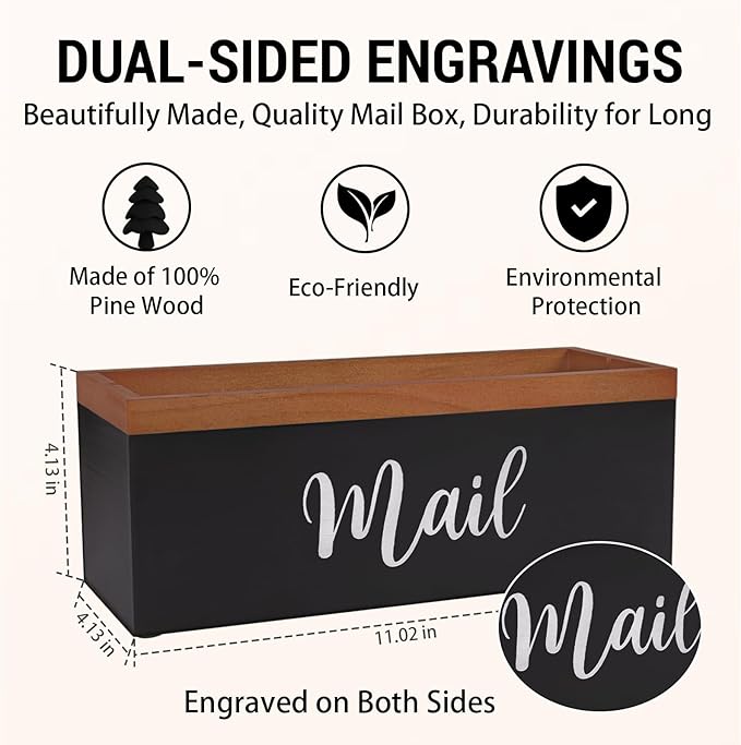 100% Real Wood Mail Organizer for Countertop, Dual-Sided Mail Script Design, Mail Holder for Office, Desk, Entryway Table, Rustic Farmhouse Style, Great Home Decor Gifts
