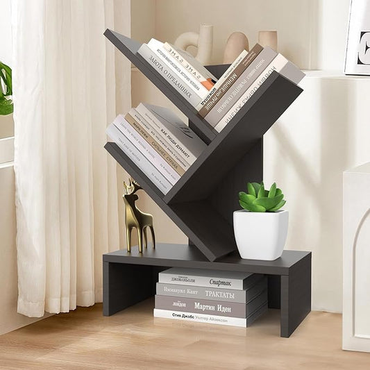 Godferyxin Tree Bookshelf with Drawer,Wood Desk Bookshelf for School,Office,Small Book Shelf Storage Rack for Decor,Bedrooms,Living Rooms Mini Shelf