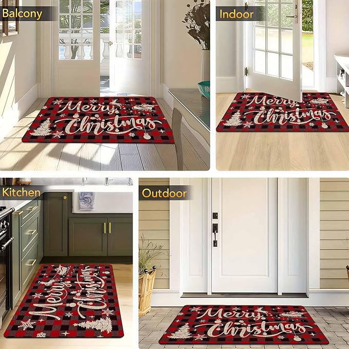 Christmas Front Door Mat Xmas Buffalo Plaid Welcome Doormat Reindeer Santa Claus Floor Mats Outdoor Indoor Area Rug Entry Doormat for Bedroom Living Room Kitchen Nursery, 18" x 30"Inch