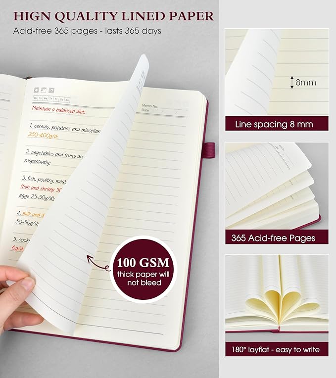 B5 Lined Journal Notebook - 365 Page Large Leather Journals for Writing Women Men，Hardcover Notebook with 100Gsm Thick Pages，Daily Diary for Travel, Work，School，College Ruled (7.6" x 10.3")