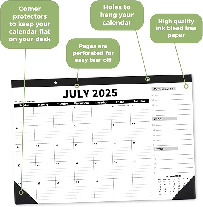 Sproutbrite 18 Month Desk Calendar 17" x 11.5" Medium Size Desktop Monthly Planner with To-Do List and Notes, Home, Office School Desk Calendar (July 1 PACK)
