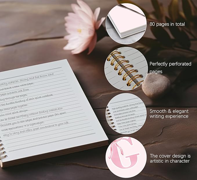 Coquette Trendy Preppy Pink Bow Spiral Notebook,Initial G Journal Personalized Teen Girl Gifts,Monogrammed Gifts for Women Teen Girl,College Ruled Hardcover Spiral Notebook 5.5 x 8.3