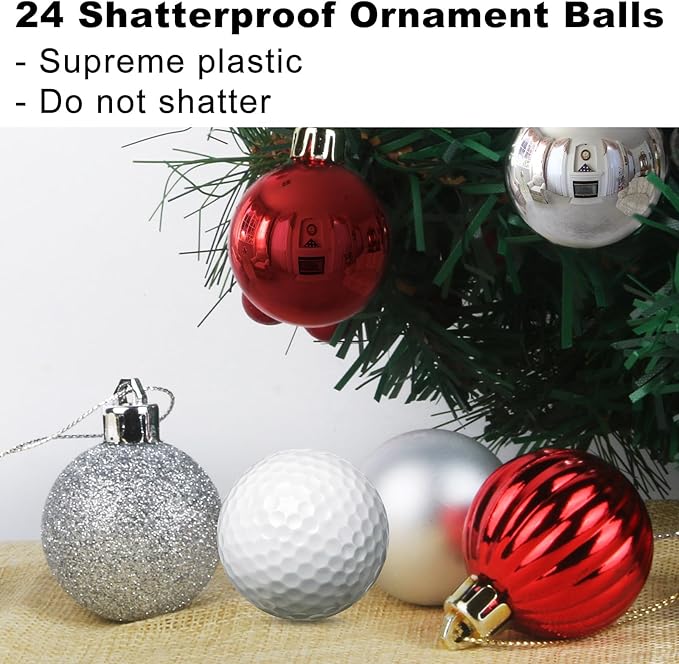 Silver & Red 1.6" Small Christmas Balls Christmas Tree Decoration Ornaments Shatterproof Hanging Balls for Birthday Halloween Holiday Wedding Decorations Set of 24pcs