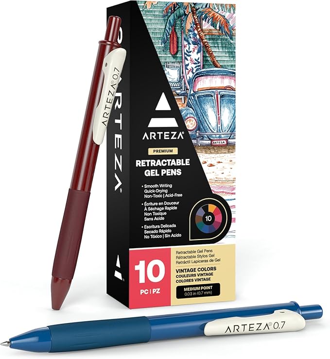 ARTEZA Gel Pens Colored Set of 10, Unique Vintage Colors, Retractable Pens Assorted Colors