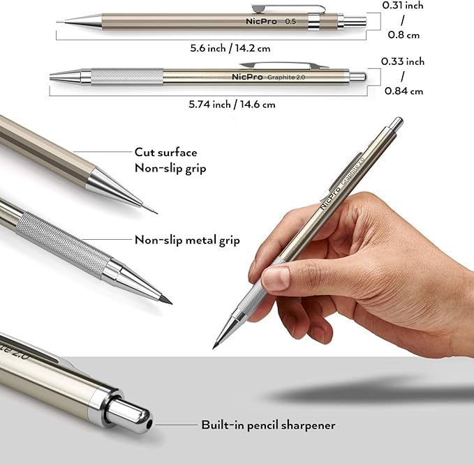 Nicpro 33PCS Metal Mechanical Pencil Set in Leather Case, Art Drafting Pencil 0.3, 0.5, 0.7, 0.9 mm, 2mm Lead Pencil Holders for Sketching Drawing With 18 Tube (6B 4B 2B HB 2H 4H Colors) Lead Refills