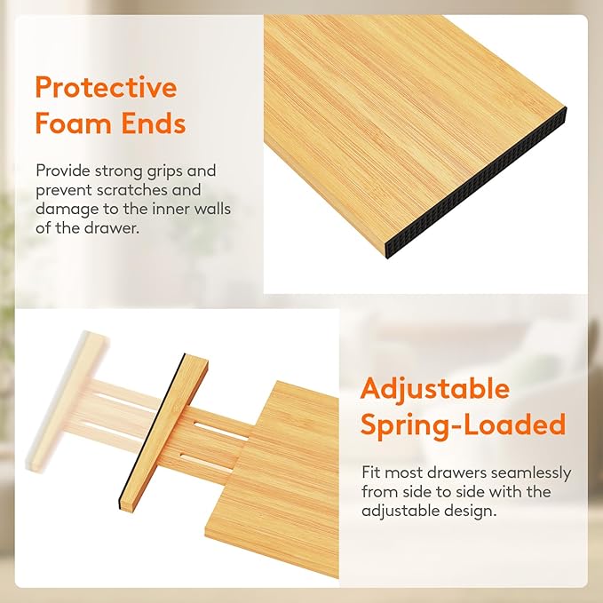 Lifewit 8 Pack Drawer Dividers Bamboo 6" High, 11-17" Adjustable Drawer Organizers for Clothes, Expandable Dresser Separators in Bedroom/Bathroom/Kitchen/Fridge/Office Organization and Storage