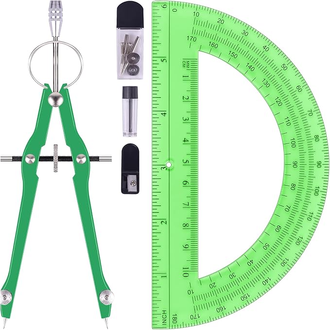 Compass and Protractor Set, Professional Drawing Compass Tool, Metal Compass with Extra Refills, Compass for Geometry and 6 Inch Math Protractors 180 Degree (Green)