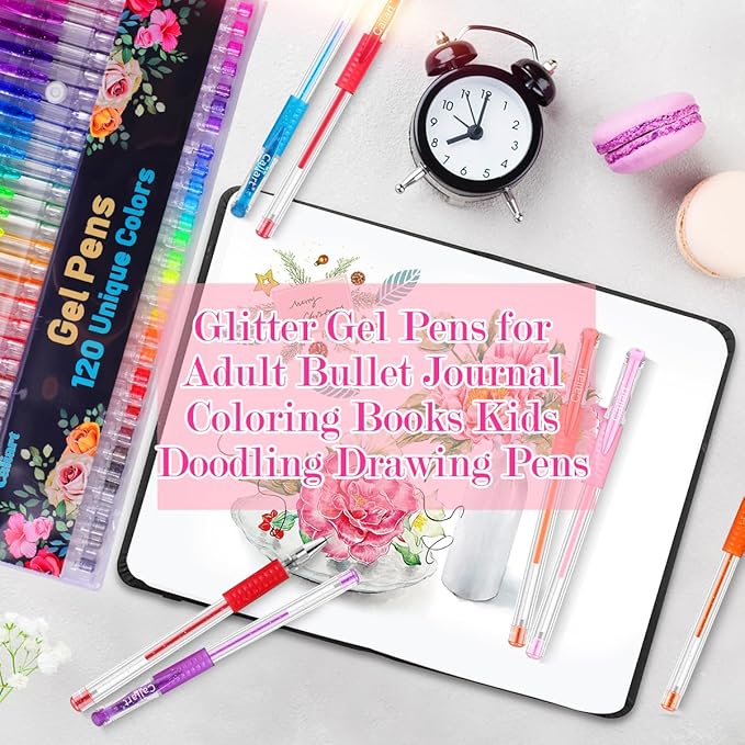 120 Colors Gel Pens, Colored Neon Glitter Pen Set for Coloring Books, 40% More Ink Fine Point, Christmas Trendy Stuff Gifts for Adults Teens Girls Boys Drawing Journaling Scrapbook Art Supplies