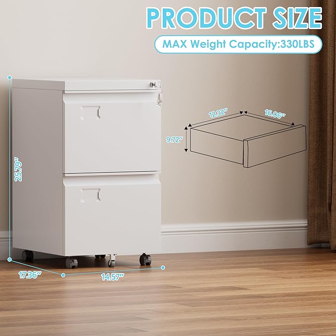 Aobabo 2 Drawer File Cabinet, Lockable Metal Filing Cabinet with Wheels for Home Office, Legal/Letter Size, Required Assembled,White