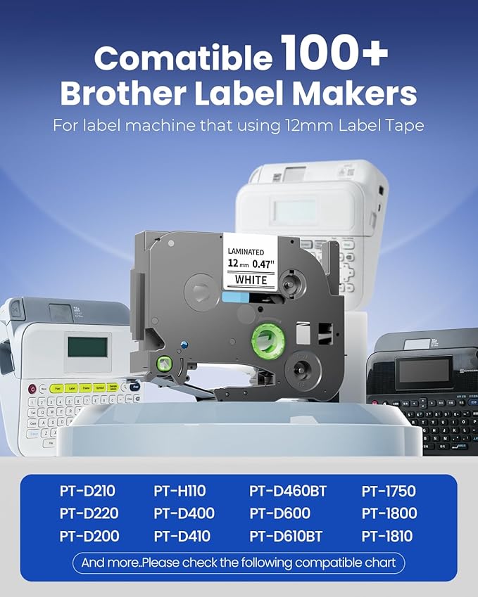 Label Maker Tape Compatible with Brother P-Touch Label Tape TZe-231 TZ TZe 12mm 0.47 Laminated White 1/2" TZE231 for PT-D210 D220 H110 D410 D610BT P710BT H111 Cube 1880 Refill, Black on White, 6-Pack
