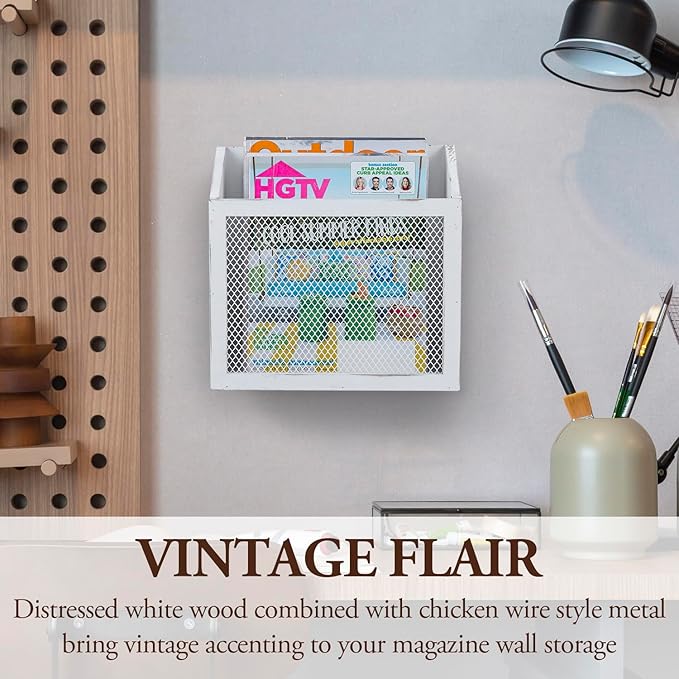 MyGift Rustic Magazine Holder Vintage White Wood and Chicken Wire Design Wall Mounted/Tabletop Mail Sorter, Farmhouse Home, Bathroom, Office Magazine Rack
