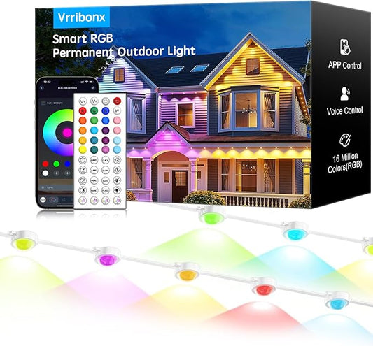 200FT Permanent Outdoor RGB Lights,IP65 Waterproof Smart LED Eaves Lights with App/Remote Control,for Christmas and All Holiday Decor,Daily and Accent Lighting,House Roof and Garden Lighting